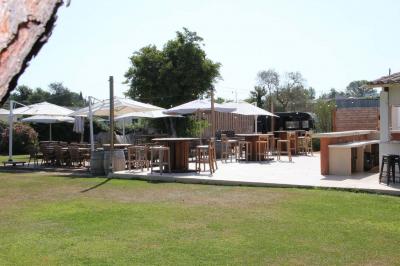 Deux fauteuils en osier blanc entourés de décorations florales et de voilages, installés sur une pelouse verdoyante.