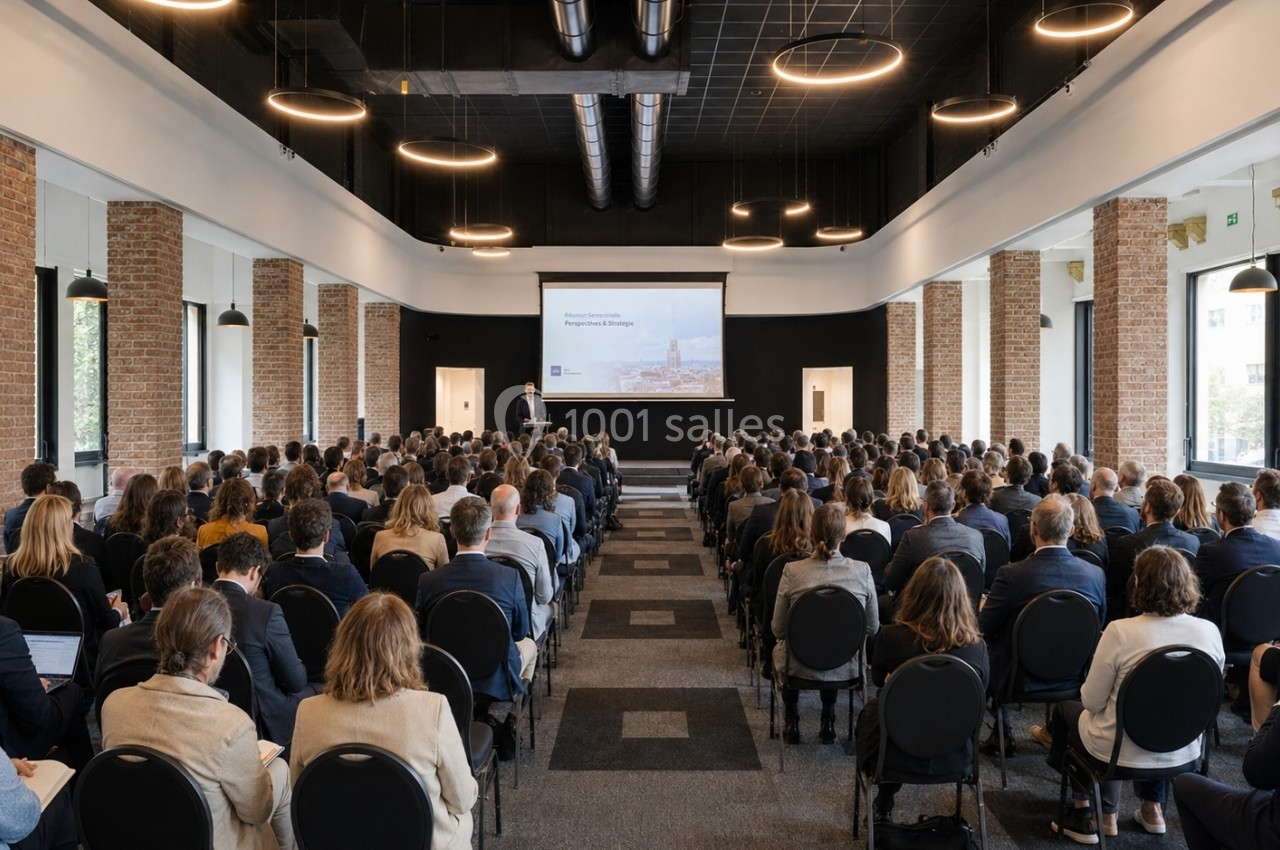 Salle de conférence avec un public assis face à un écran de projection, entourée de murs en briques et grandes fenêtres.