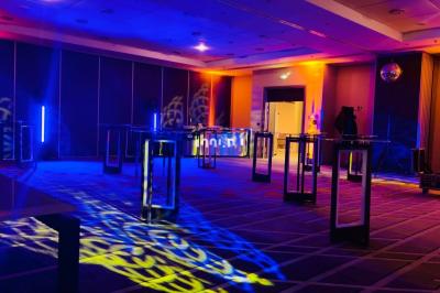 Un DJ mixe sur scène devant un écran géant projetant une vidéo d'une danseuse en tenue scintillante.