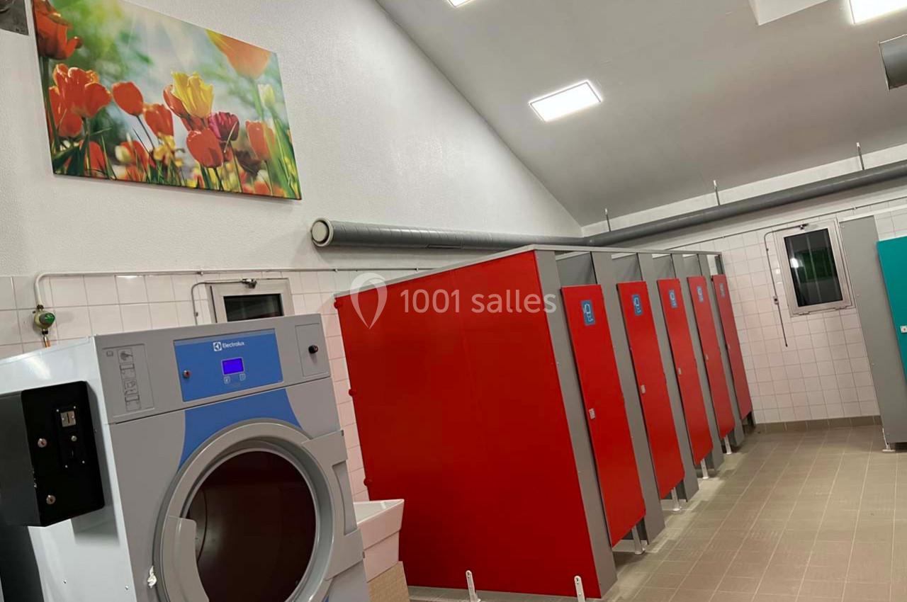 Salle de buanderie avec un sèche-linge industriel, des cabines rouges et un tableau floral au mur.