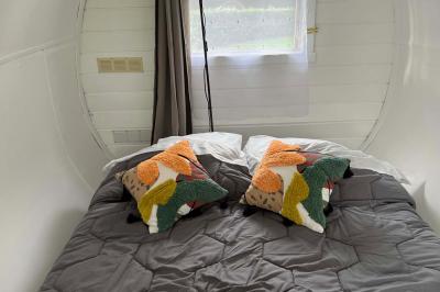 Laverie avec machines à laver, sèche-linge, éviers, miroirs et cabines jaunes dans un espace carrelé.