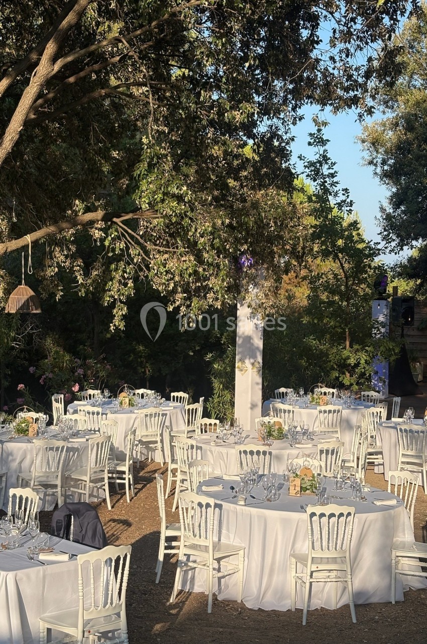 Tables rondes dressées avec nappes blanches et chaises, disposées en extérieur sous des arbres par temps ensoleillé.