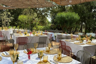 Miniature Location salle Biot (Alpes-Maritimes) - La Villa des Amandiers #11 Terrain de pétanque ombragé entouré d'arbres, avec des cercles et des boules disposés au sol.