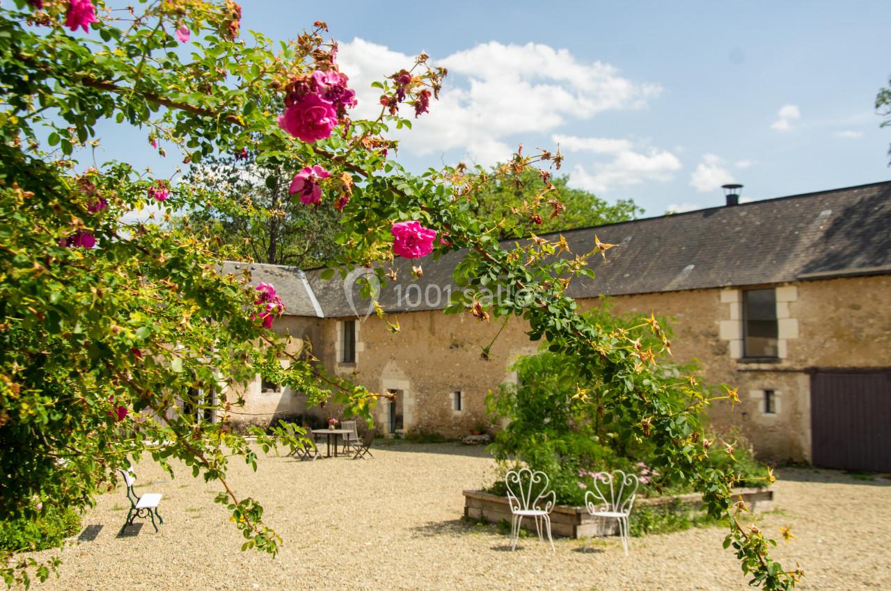 Cour en gravier avec des chaises blanches, rosiers en fleurs au premier plan et bâtiments en pierre en arrière-plan.