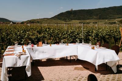 Village entouré de vignes et de collines verdoyantes sous un ciel partiellement nuageux.