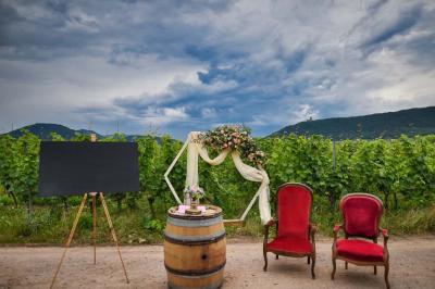 Village entouré de vignes et de collines verdoyantes sous un ciel partiellement nuageux.