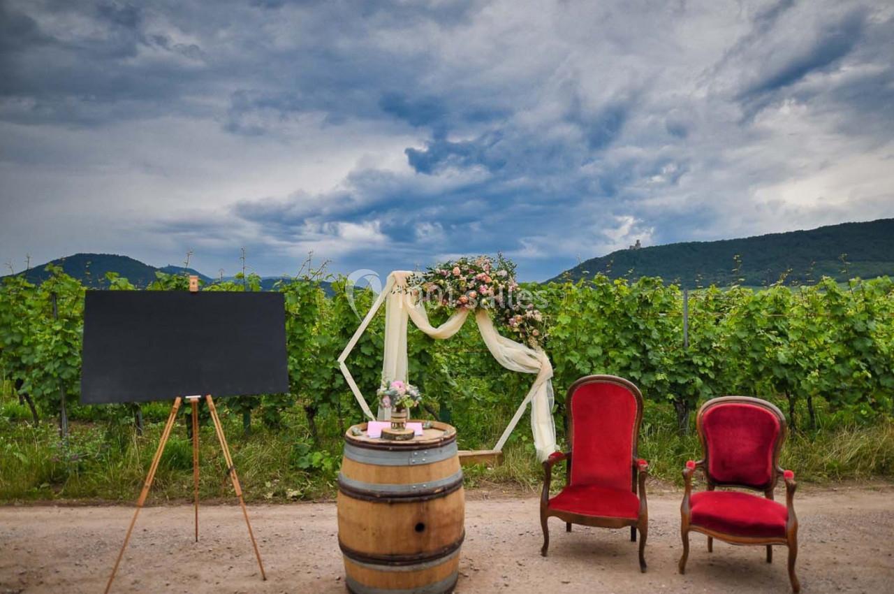 Un tableau noir, un tonneau décoré et deux fauteuils rouges devant une arche fleurie dans un vignoble sous un ciel nuageux.