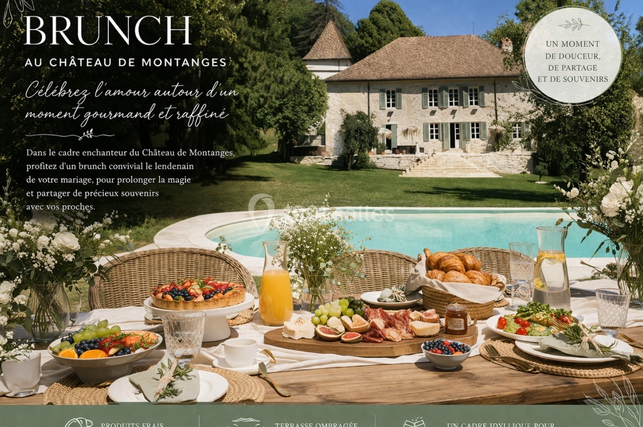 Table dressée pour un brunch en plein air avec vue sur une piscine et un château entouré de verdure.