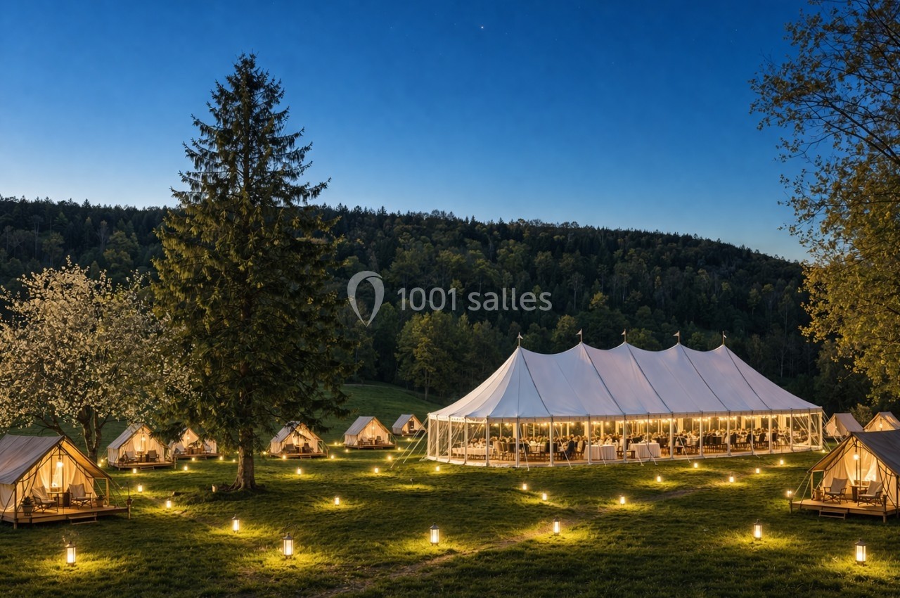 Tente événementielle éclairée entourée de petites tentes et de lanternes dans un paysage naturel au crépuscule.