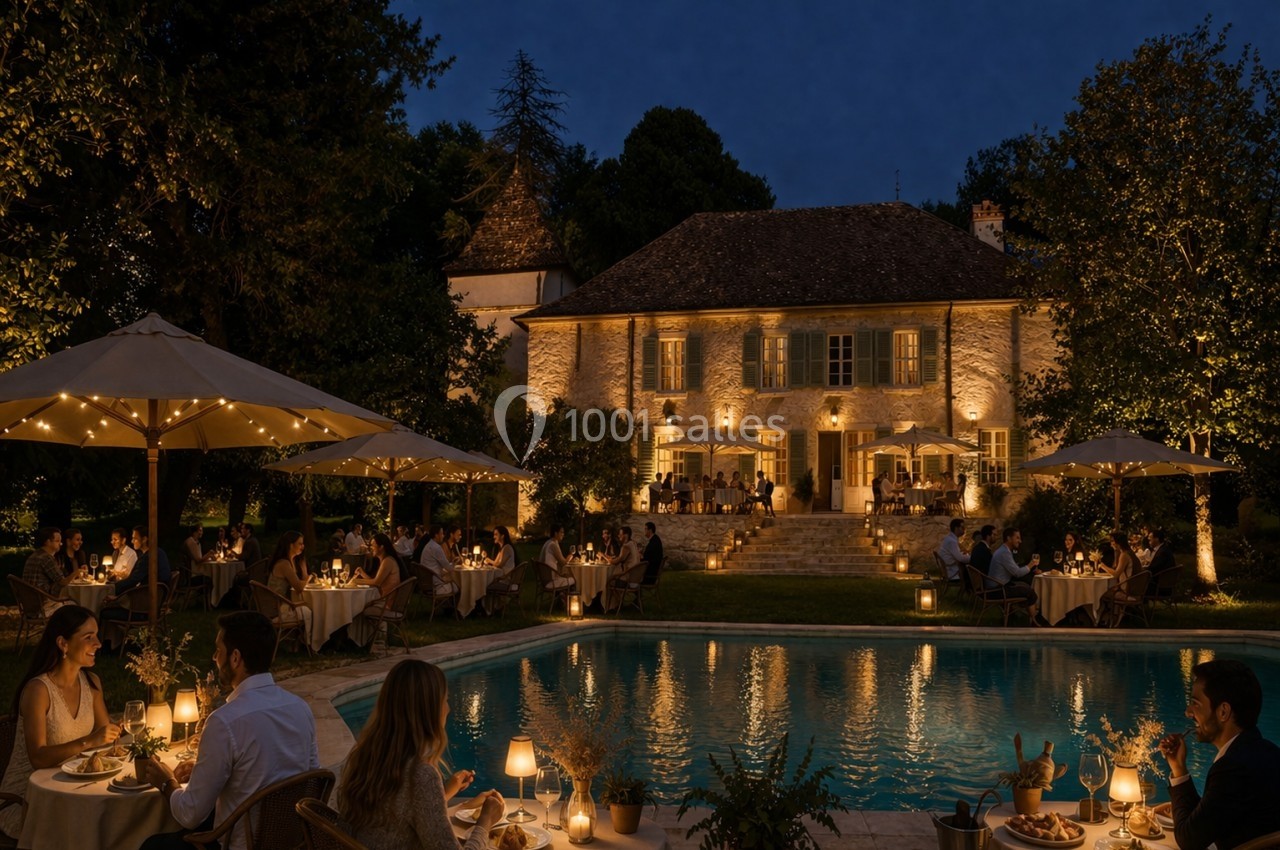 Dîner en plein air autour d'une piscine éclairée, devant une maison illuminée, dans un cadre nocturne élégant.