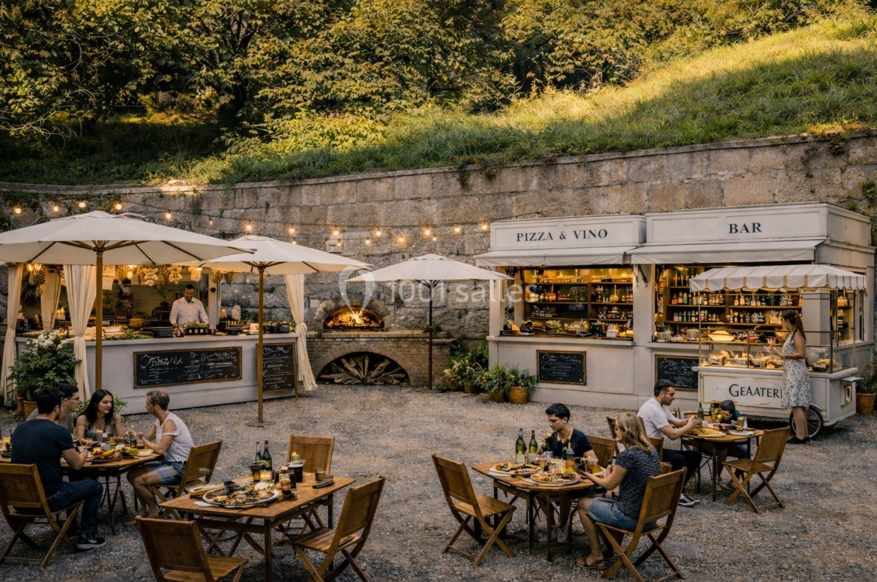 Terrasse extérieure avec tables, chaises en bois, stands de restauration et guirlandes lumineuses dans un cadre verdoyant.