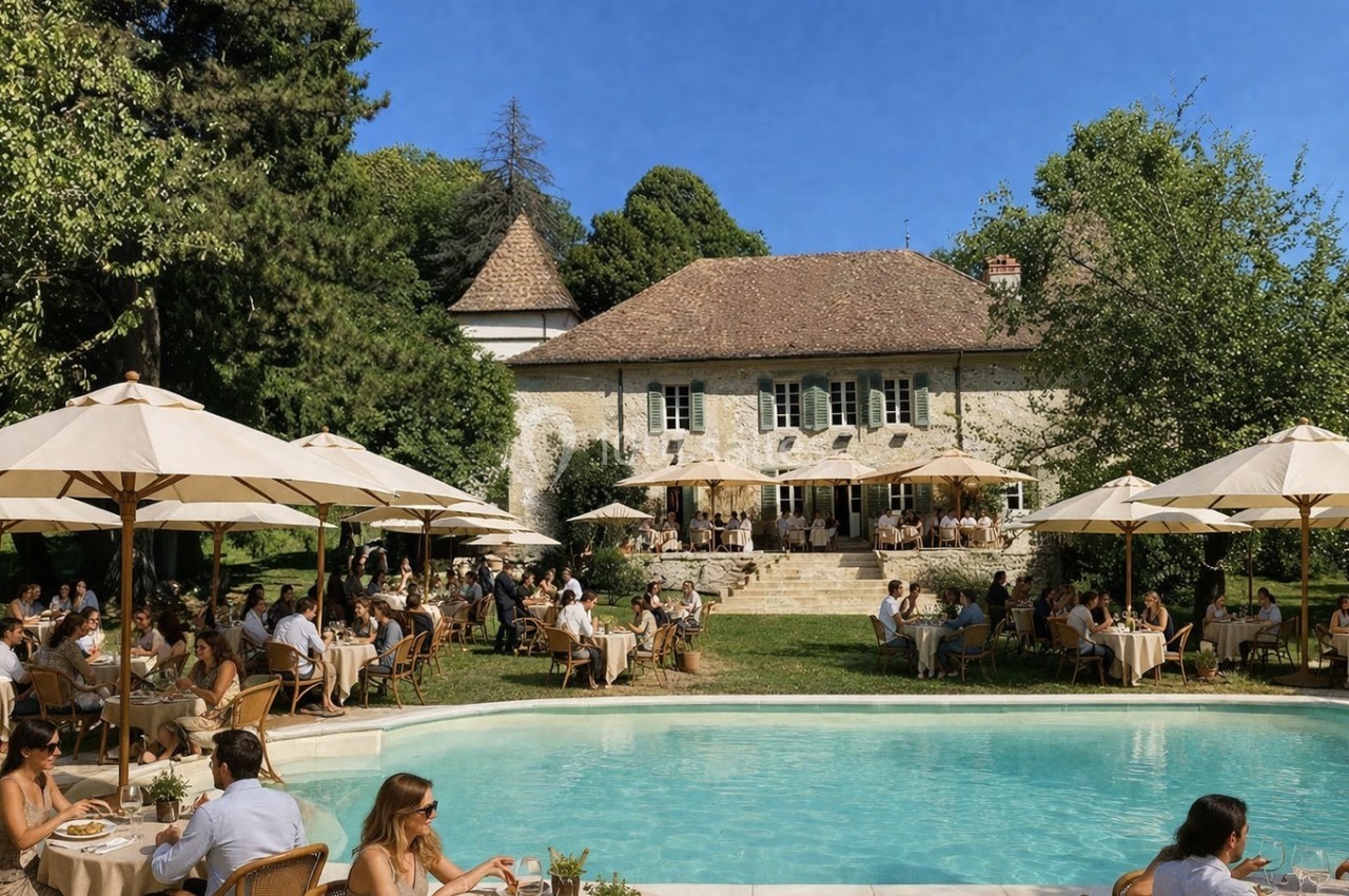 Personnes dînant en terrasse autour d'une piscine, devant une grande maison entourée de verdure par temps ensoleillé.