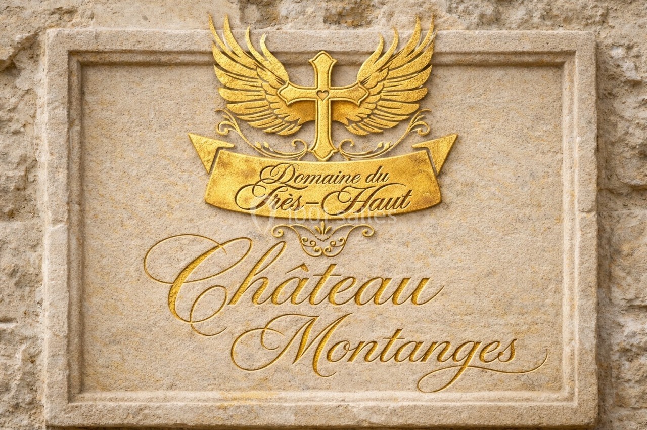 Plaque en pierre gravée avec des inscriptions dorées et un motif de croix ailée au-dessus du texte.