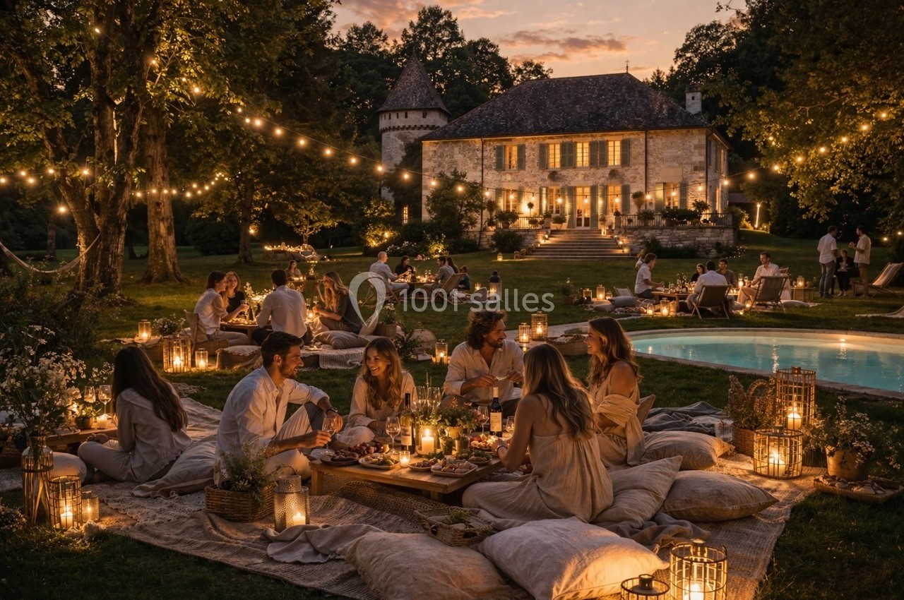 Dîner en plein air au crépuscule, avec des convives assis autour de lanternes près d'une piscine et d'une maison éclairée.