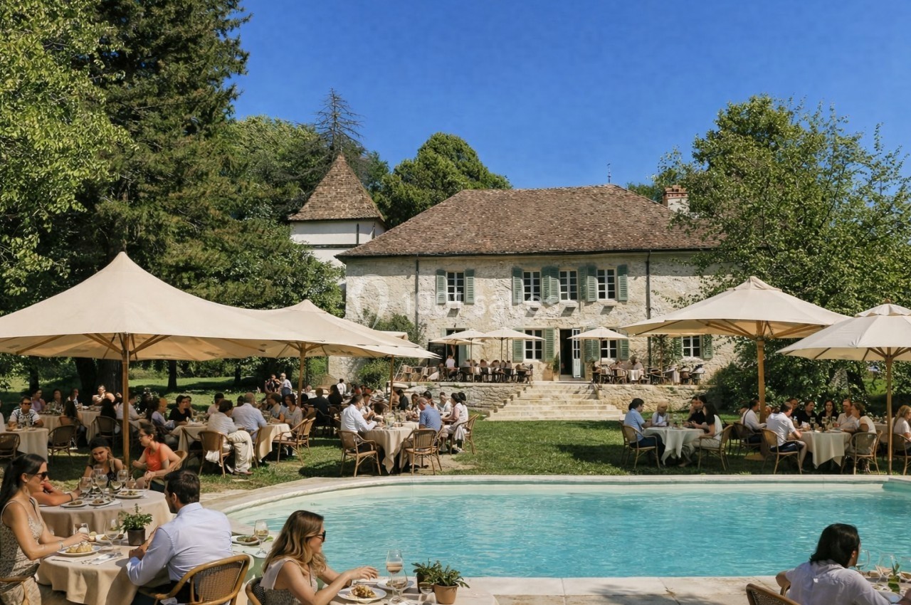 Des convives dînent en plein air autour d'une piscine, devant une grande maison en pierre entourée de verdure.