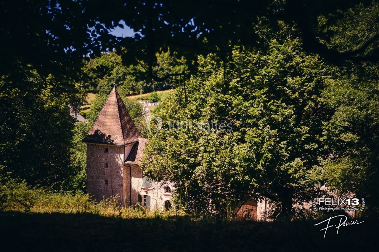 Tour en pierre avec un toit en pointe, entourée d'arbres verdoyants sous une lumière naturelle.