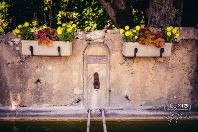 Plaque en pierre gravée avec des inscriptions dorées et un motif de croix ailée au-dessus du texte.