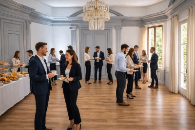 Des professionnels discutent en petits groupes autour de tables hautes dans une cour extérieure ensoleillée.