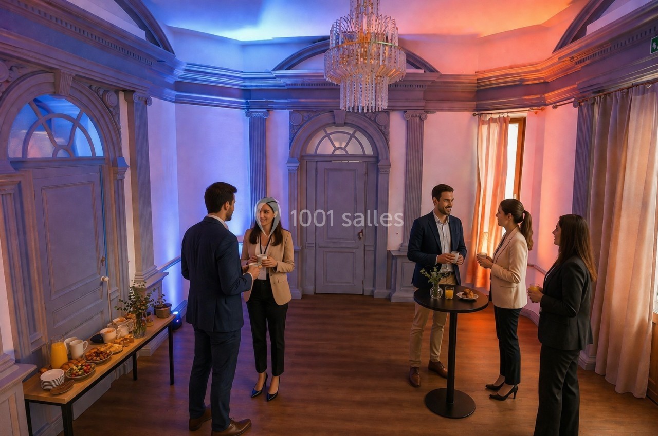 Des personnes en tenue professionnelle discutent debout dans une salle élégante avec buffet et éclairage coloré.