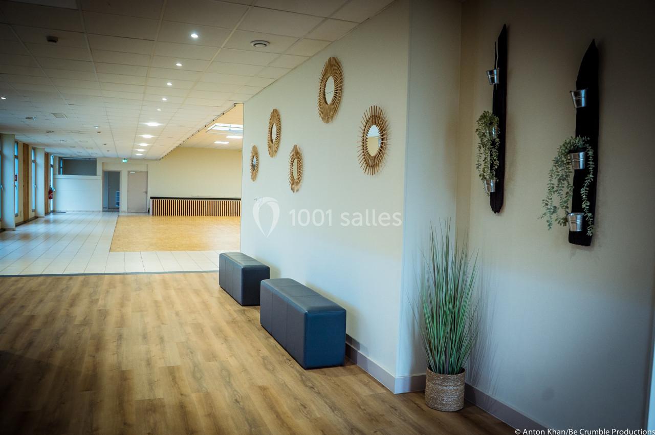 Mur décoré de miroirs ronds et de plantes suspendues dans une salle lumineuse avec parquet et carrelage.
