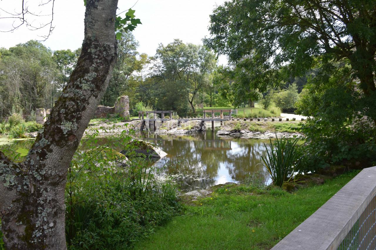 Étang entouré de verdure avec un petit pont en bois et des ruines visibles à l'arrière-plan.