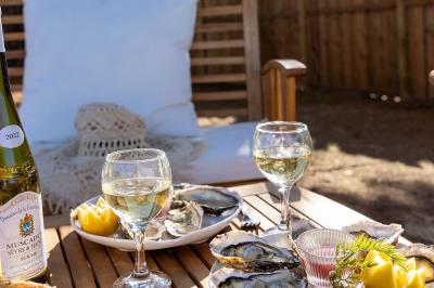 Table en bois avec assiettes d'huîtres, verres de vin blanc, citron et bouteille, dans un jardin ensoleillé avec fauteuil.