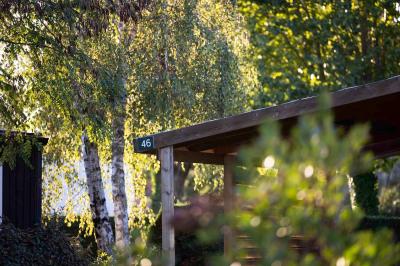 Salle de bain lumineuse avec douche vitrée, lavabo blanc, miroir, et accessoires de toilette.