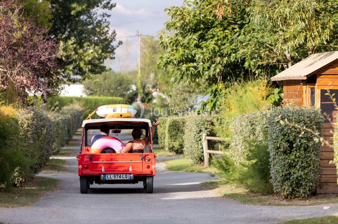 Une voiture rouge décapotable transportant des bouées colorées roule sur un chemin bordé de haies et d'arbres.