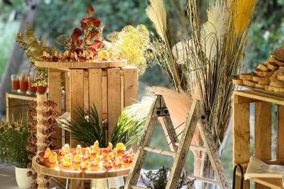 Buffet avec des amuse-bouches variés présentés sur des plateaux en bois et des verrines en arrière-plan.