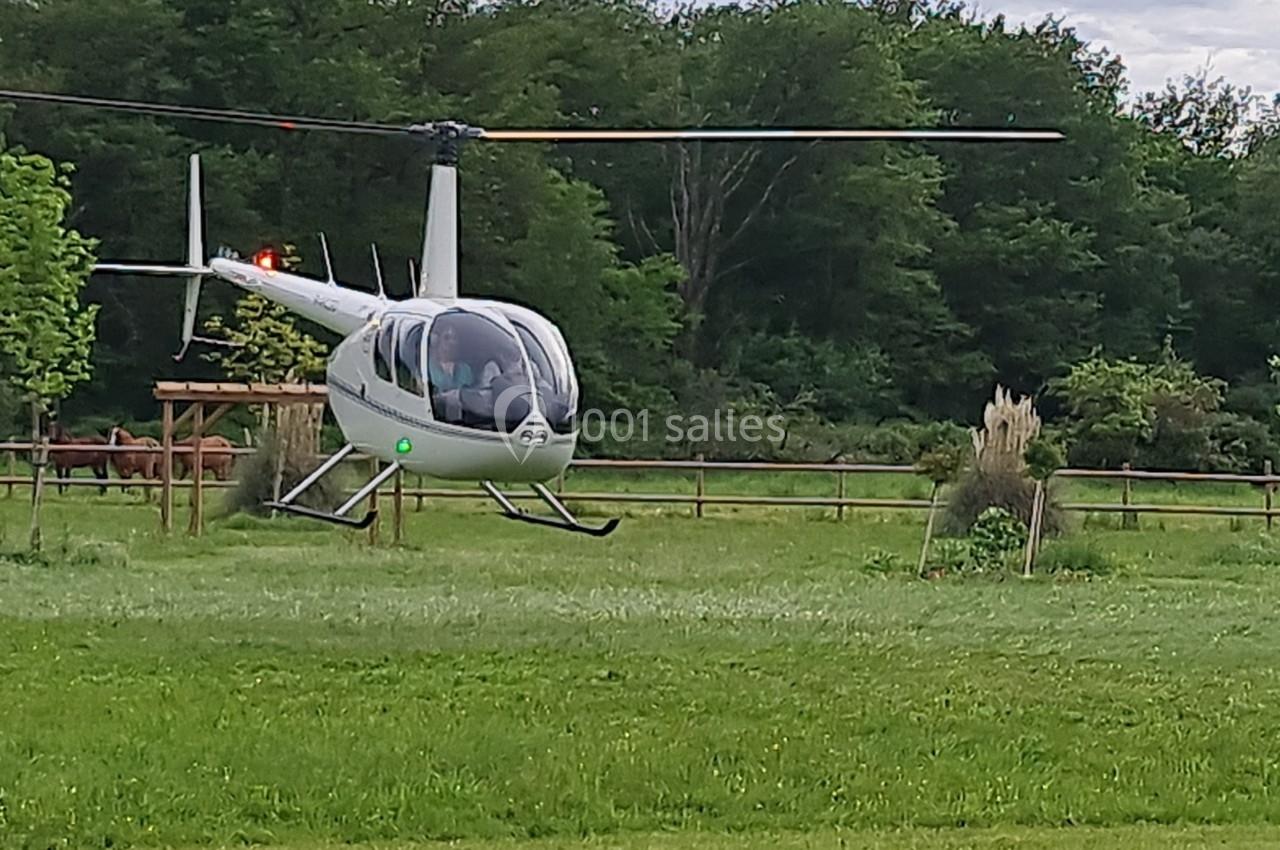 Un hélicoptère blanc en vol stationnaire au-dessus d'une pelouse, entouré d'arbres et de clôtures en bois.