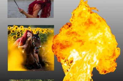 Femme en tenue traditionnelle caressant un cheval brun harnaché, dans un environnement naturel verdoyant.