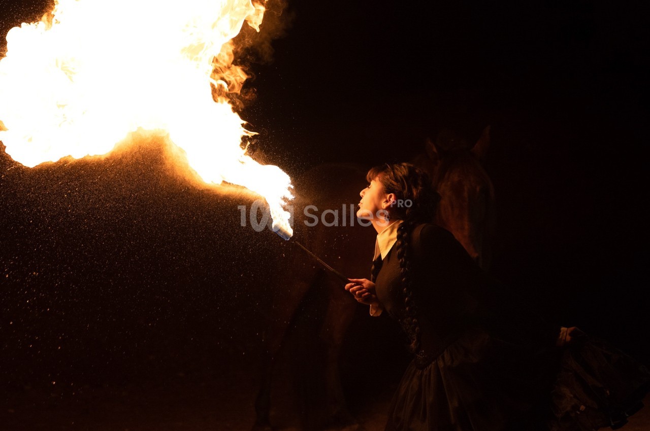 Une femme souffle du feu dans l'obscurité, tenant une torche allumée, avec un cheval en arrière-plan.
