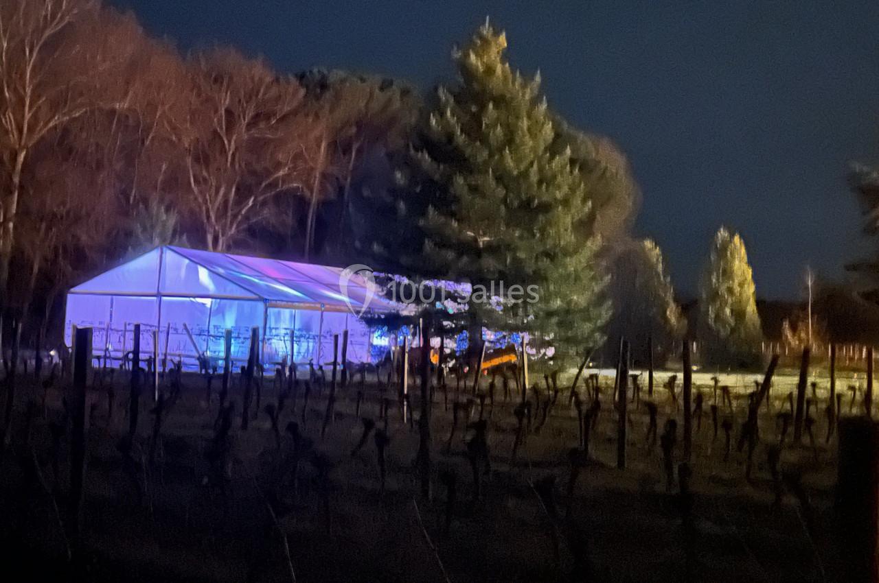 Tente éclairée en soirée près de vignes et d'arbres dans un paysage sombre.