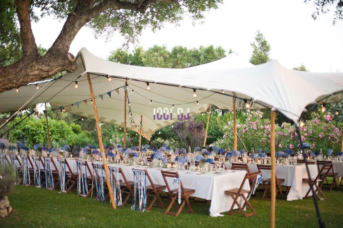 Tables dressées sous une tente blanche dans un jardin, décorées de fleurs bleues et éclairées par des guirlandes lumineuses.