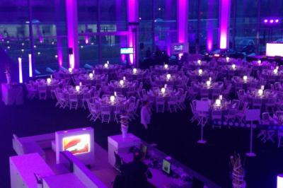 Tables dressées sous une tente blanche dans un jardin, décorées de fleurs bleues et éclairées par des guirlandes lumineuses.