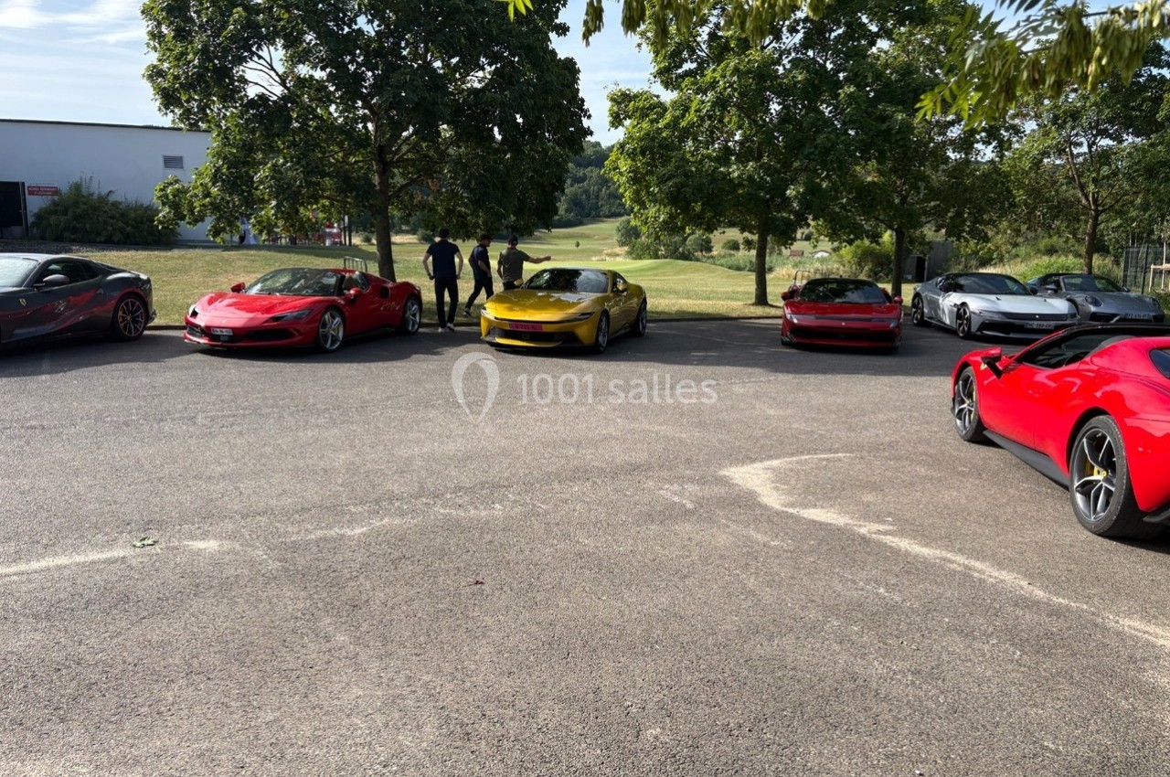 Plusieurs voitures de sport colorées garées en extérieur sur un parking entouré d'arbres.