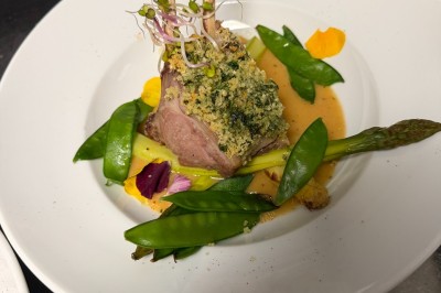 Miniature Location salle Pulnoy (Meurthe-et-Moselle) - Restaurant du Golf de Pulnoy #28 Carré d'agneau en croûte d'herbes, accompagné de légumes verts et d'une sauce dressée sur une assiette blanche.