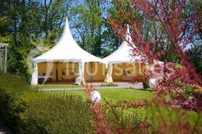 Deux tentes blanches installées sur une pelouse entourée de végétation et d'arbres sous un ciel bleu.