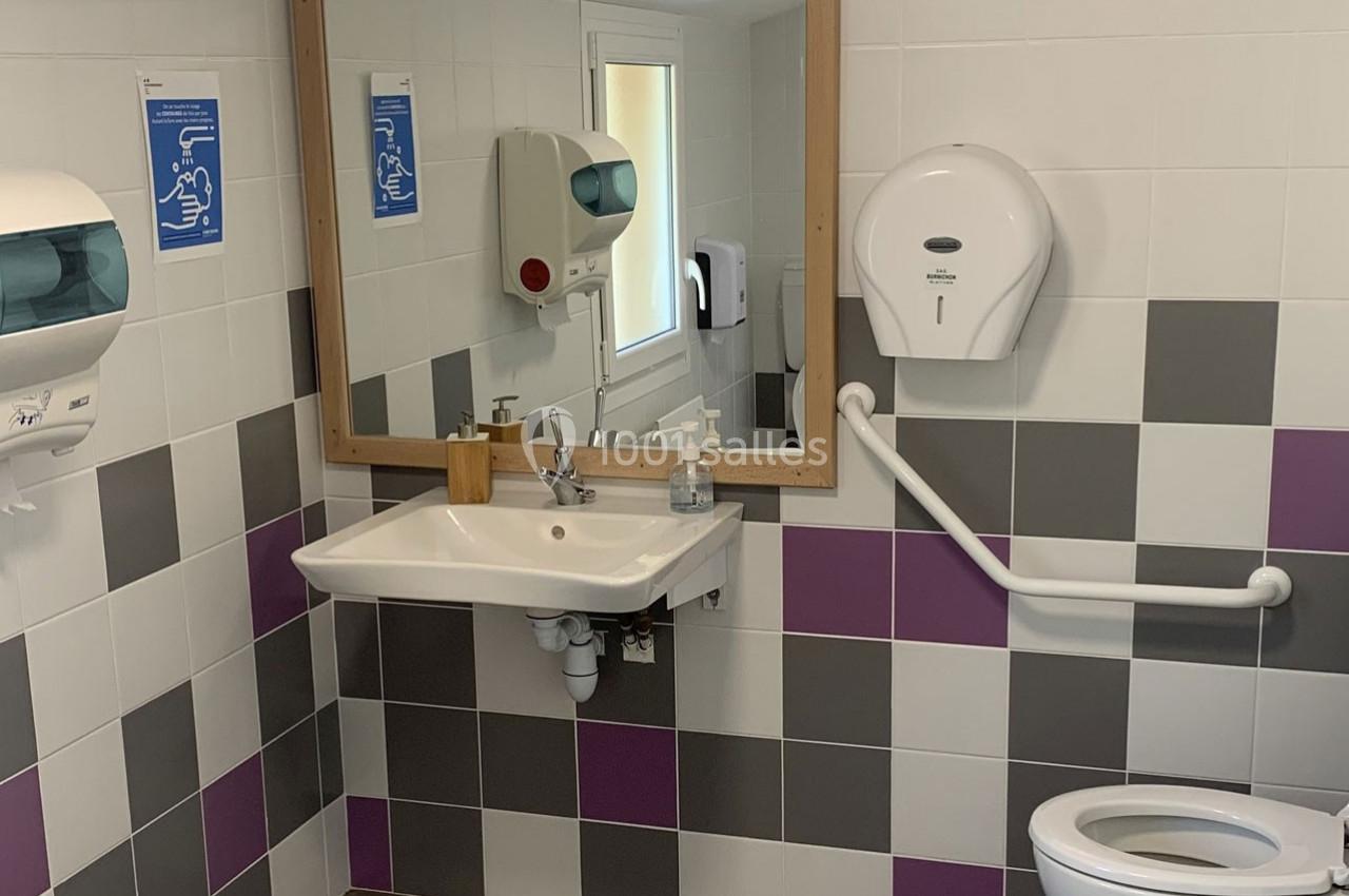 Salle de bain accessible avec lavabo, miroir, distributeurs de savon, barre d'appui et toilettes adaptées.