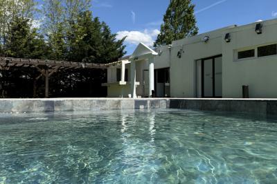 Table dressée avec vaisselle et fleurs bleues près d'une piscine entourée de dalles claires et de végétation.