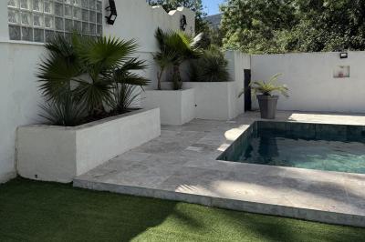 Table dressée avec vaisselle et fleurs bleues près d'une piscine entourée de dalles claires et de végétation.