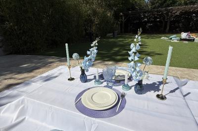 Table dressée avec vaisselle et fleurs bleues près d'une piscine entourée de dalles claires et de végétation.