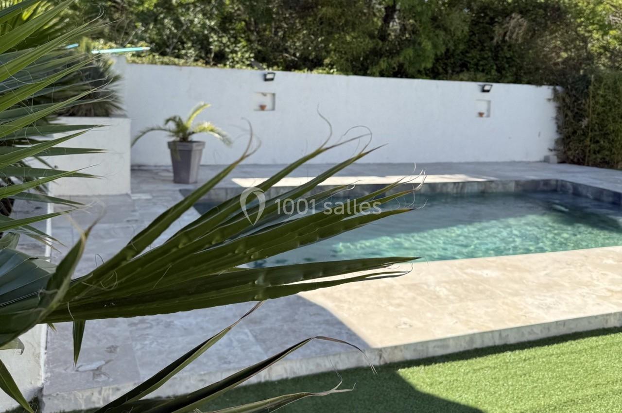Vue d'une piscine entourée de dalles claires, avec un palmier au premier plan et un mur blanc en arrière-plan.