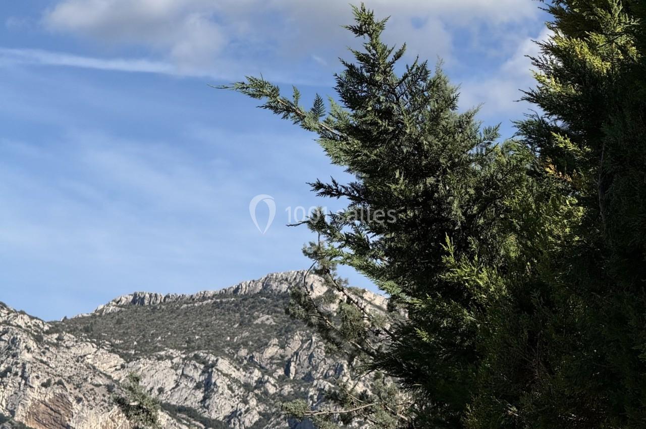Paysage de montagne avec un ciel bleu partiellement nuageux et des arbres au premier plan.
