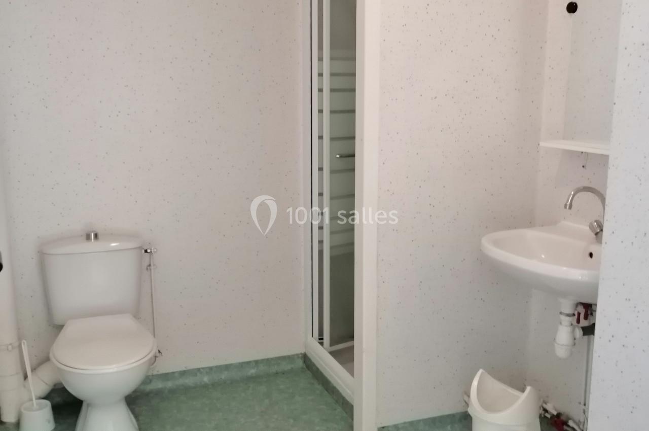 Salle de bain avec toilettes, douche, lavabo et poubelle, sol en vinyle vert et murs clairs.