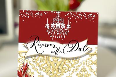 Cartes d'invitation de mariage avec un design de costume noir, cravate rouge et détails festifs.