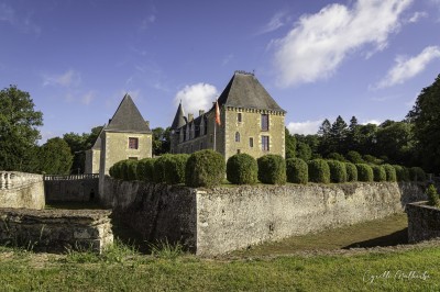 Château éclairé de nuit avec des lumières colorées, entouré de buissons et de tentes blanches sous un ciel nuageux.