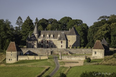 Château éclairé de nuit avec des lumières colorées, entouré de buissons et de tentes blanches sous un ciel nuageux.
