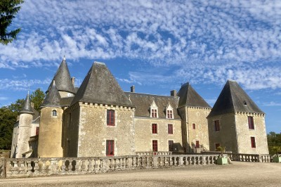 Château éclairé de nuit avec des lumières colorées, entouré de buissons et de tentes blanches sous un ciel nuageux.
