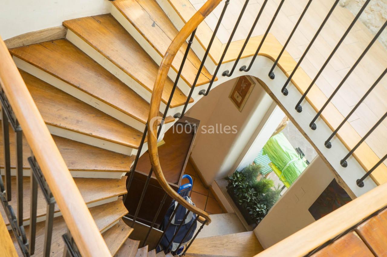 Escalier en bois en colimaçon avec rampe en fer forgé, entouré de murs clairs et plantes décoratives au rez-de-chaussée.